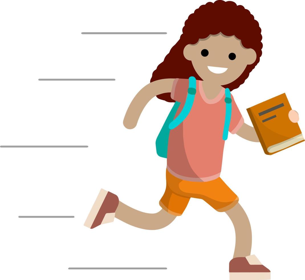 ragazza correre con libro. alunno va per scuola. ragazzo con zaino è in ritardo per scuola. tipo nel estate Abiti. cartone animato piatto illustrazione. contento bambino vettore