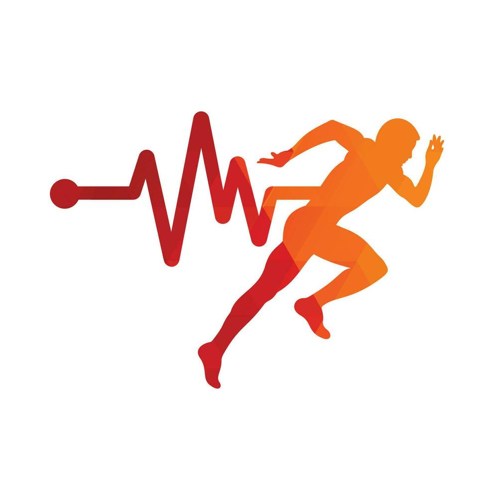 pulse maratona logo design icona vettore. corpo Salute cura logo design. in esecuzione uomo con linea ecg battito cardiaco icona. vettore