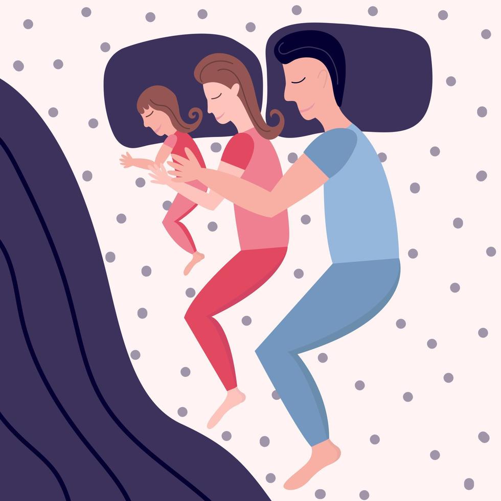 carino giovane famiglia addormentato con bambino nel letto. madre e padre abbracciare loro bambino. vettore azione illustrazione