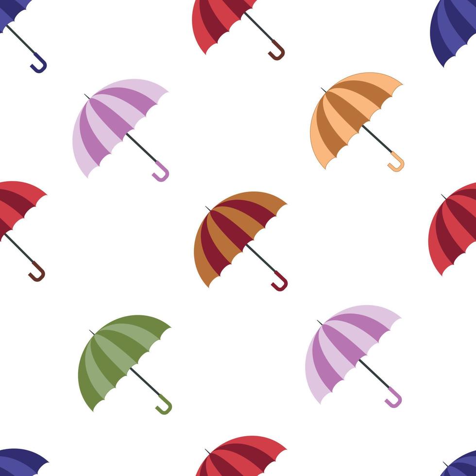 senza soluzione di continuità autunno modello con colorato blu, rosso, arancia, Marrone, viola, verde ombrelli per piovoso tempo metereologico nel piatto stile isolato su bianca sfondo vettore