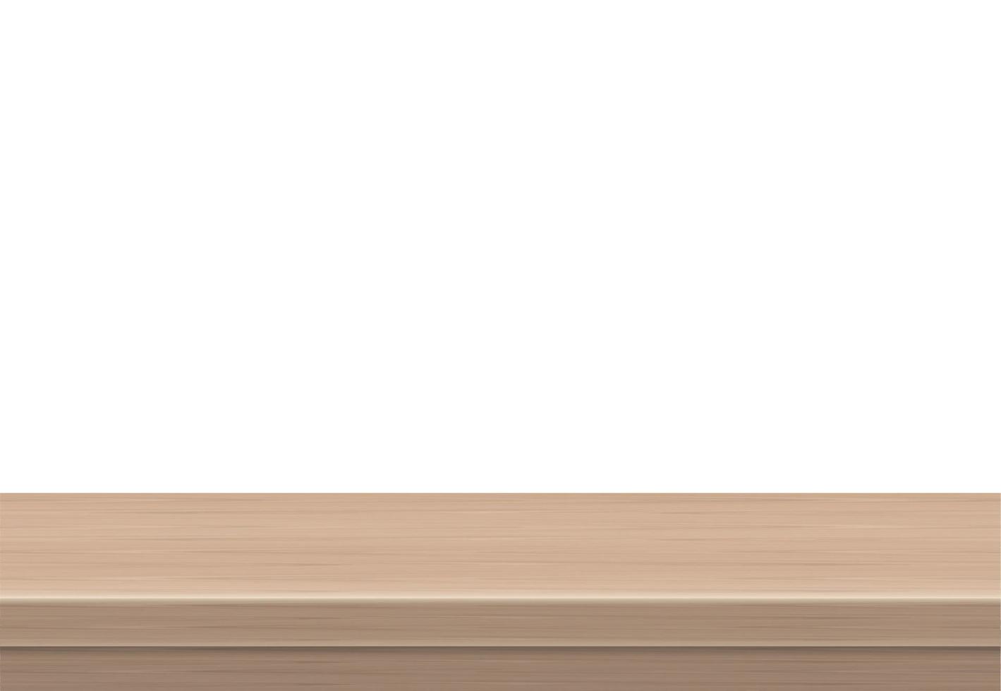 vista laterale vuota del tavolo in legno dello spazio libero, per il branding della tua copia. utilizzato per la visualizzazione o il montaggio di prodotti. concetto di stile vintage. superficie realistica marrone legno isolata su sfondo bianco. vettore 3d.