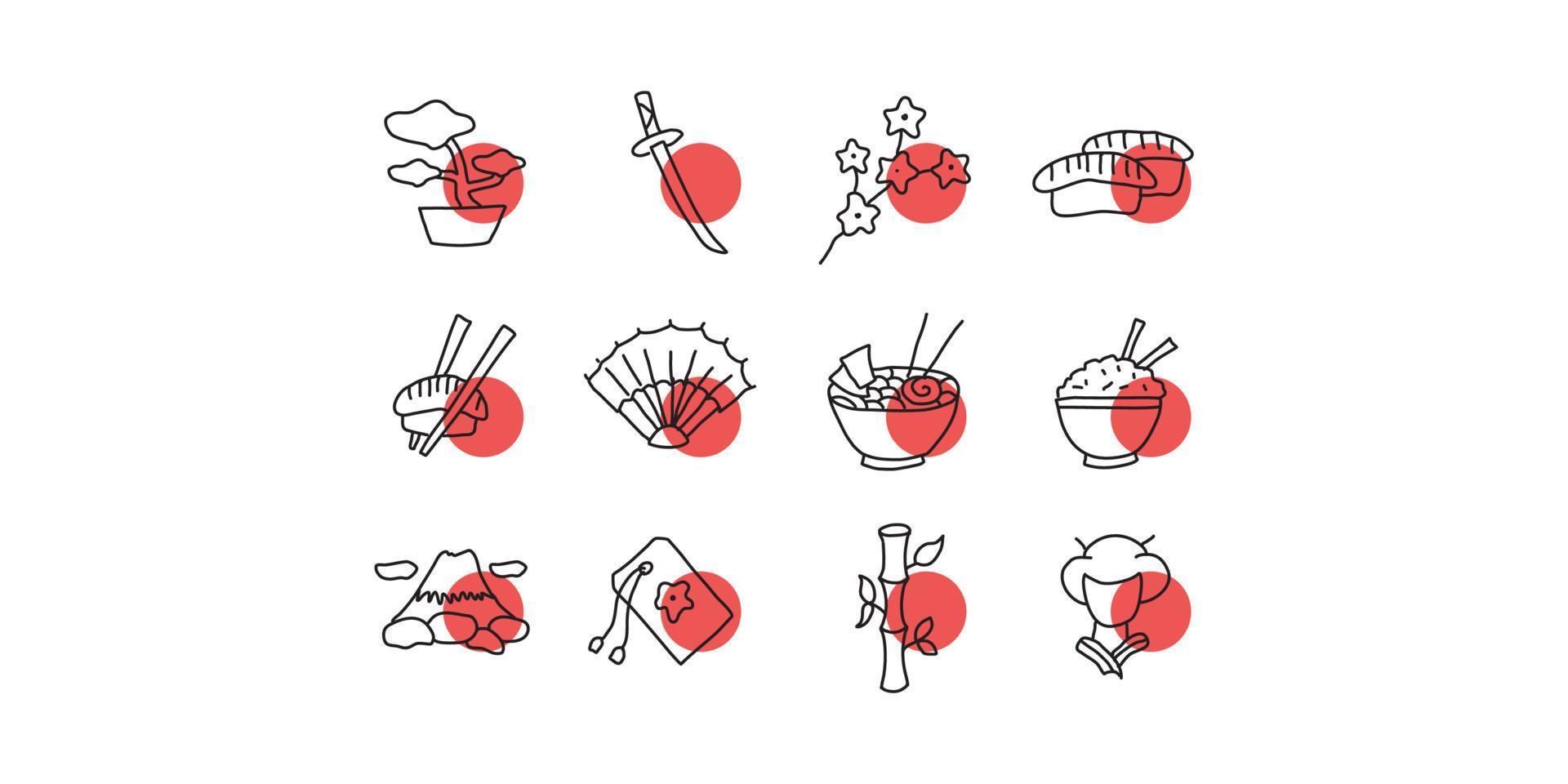 insieme dell'icona del Giappone di stile disegnato a mano vettore