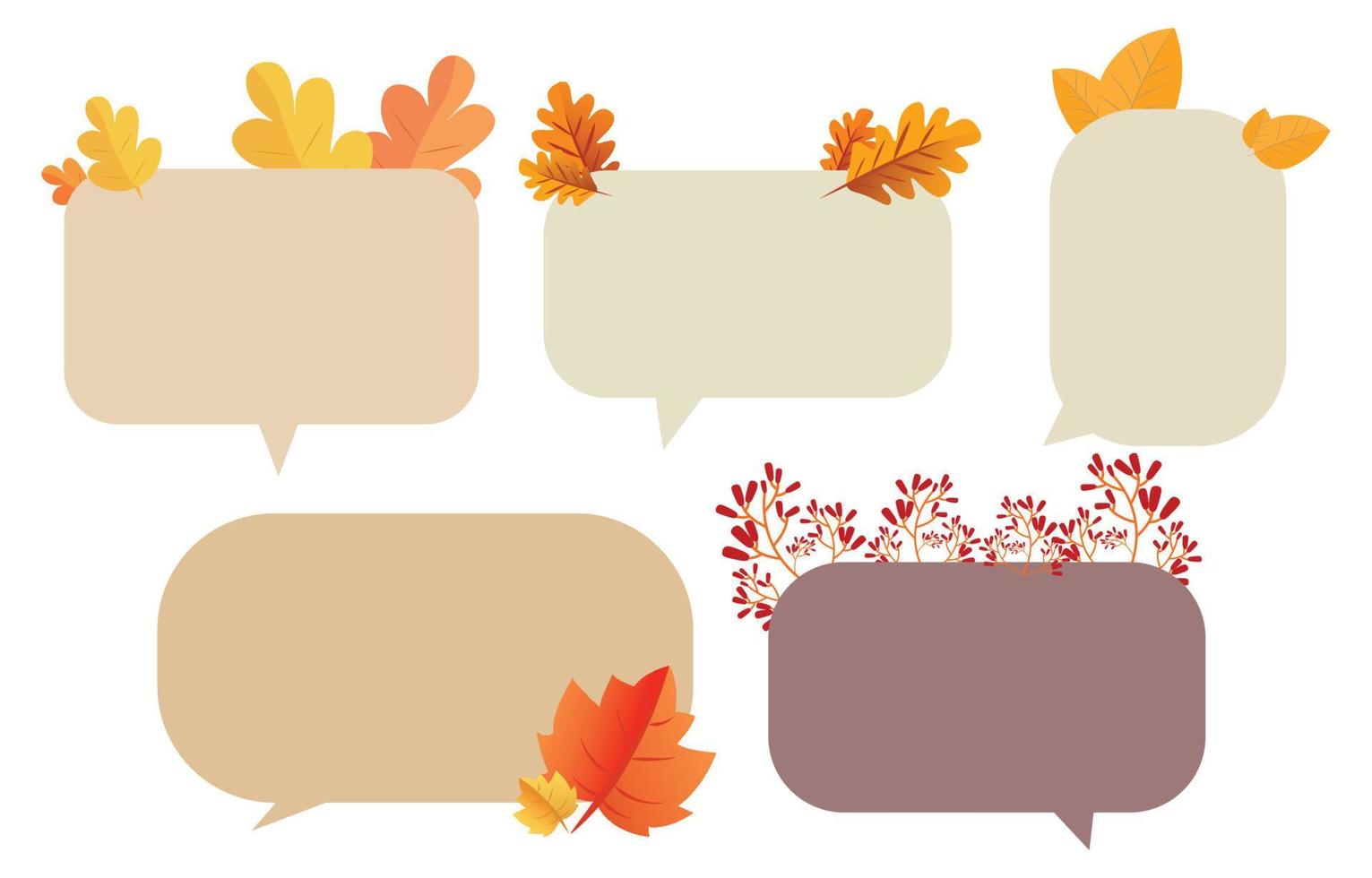 impostare fumetti con foglie marroni. concetto di autunno e autunno su sfondo bianco. chat a colori caldi vettore messaggio doodle o icona di comunicazione nuvola che parla per fumetti e dialogo di messaggio minimo