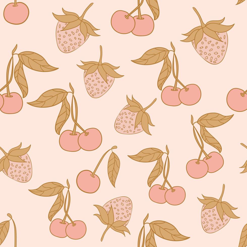 disegno del modello senza cuciture ciliegia e fragola. disegno senza cuciture del modello delle belle bacche tropicali. Fondo senza cuciture del modello delle foglie e dei frutti tropicali. vettore