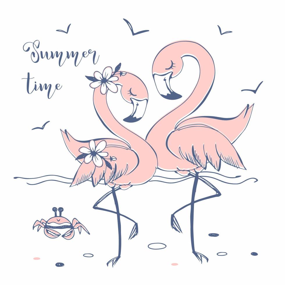 simpatici fenicotteri rosa sulla spiaggia del mare. estate. vettore. vettore