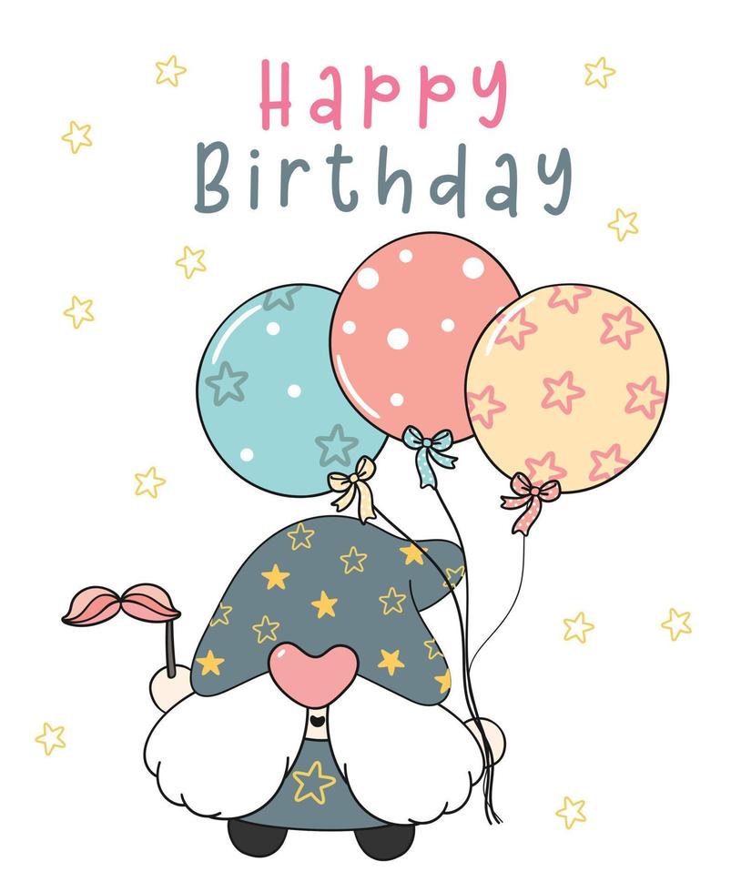 simpatico gnomo di compleanno con palloncini a stella, biglietto di auguri per la festa di compleanno, vettore di disegno di cartoni animati