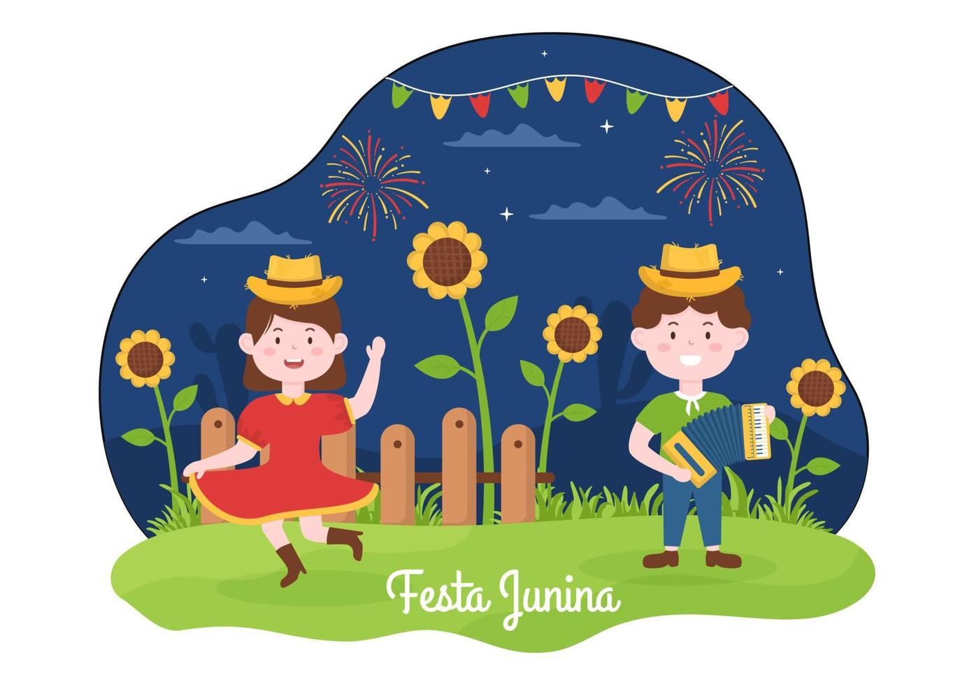 festa junina o sao joao celebrazione fumetto illustrazione resa molto vivace cantando, ballando samba e giocando a giochi tradizionali provengono dal brasile vettore