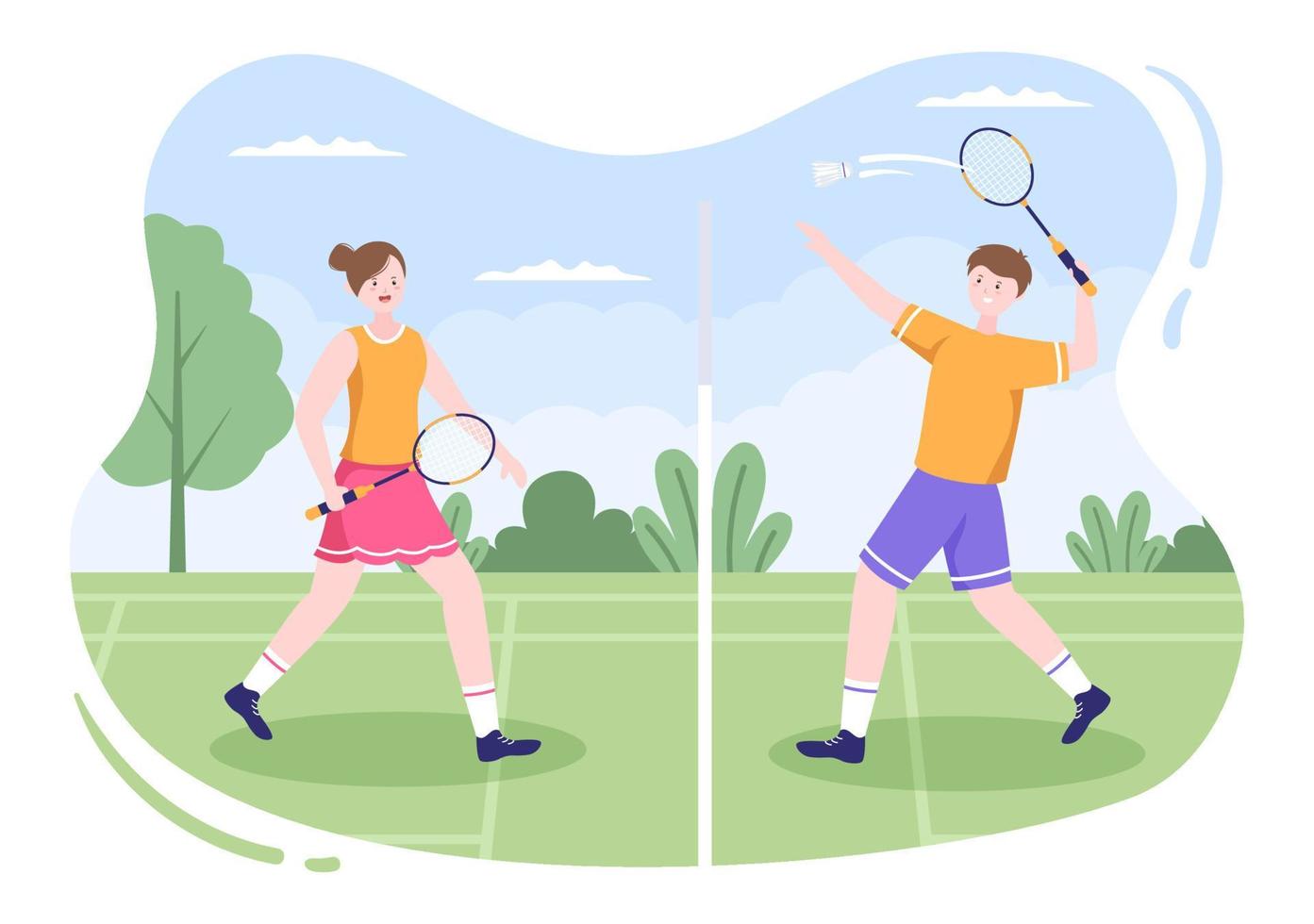 giocatore di badminton con navetta in campo in stile cartone animato piatto. felice gioco di sport e design per il tempo libero vettore