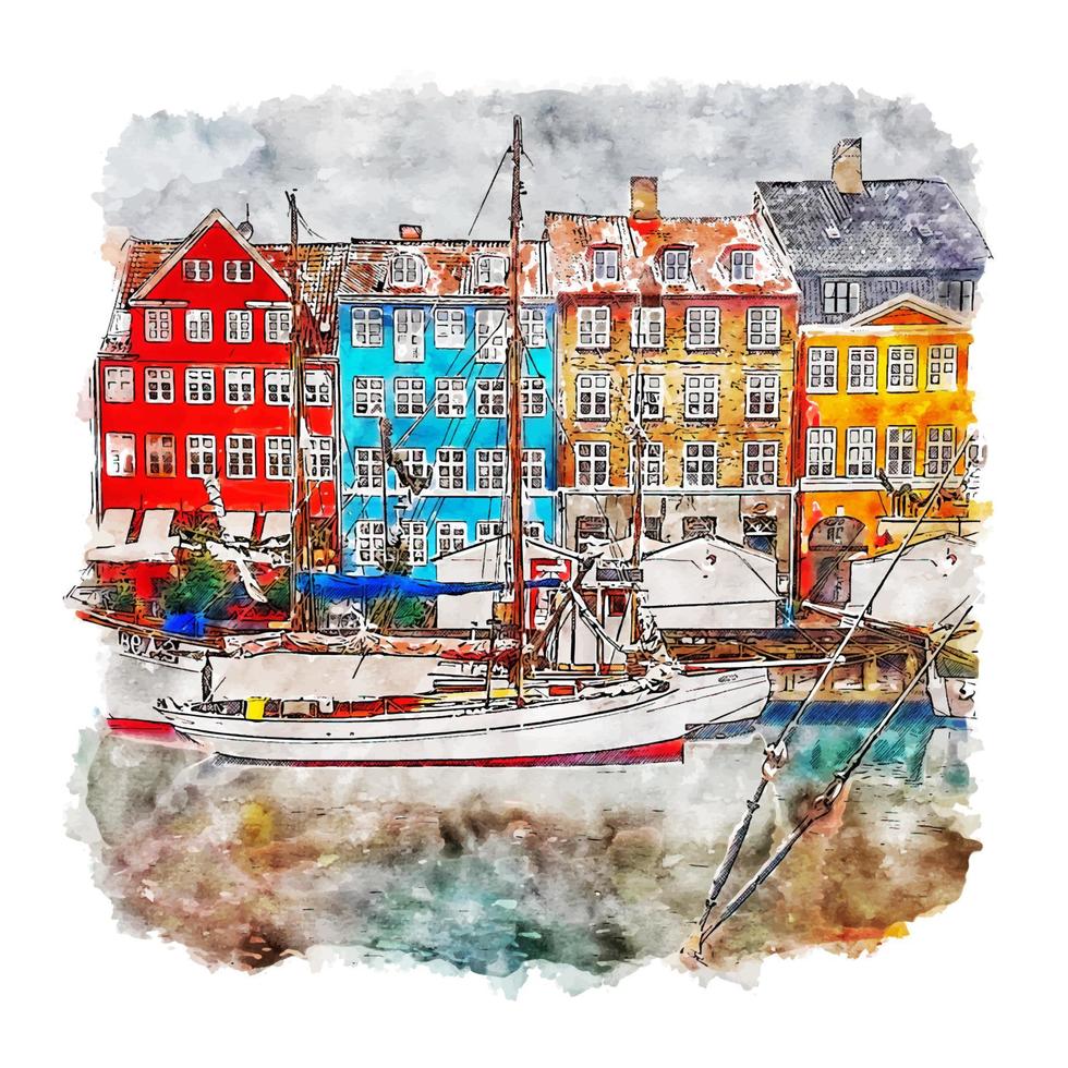 illustrazione disegnata a mano di schizzo dell'acquerello di copenhagen danimarca vettore