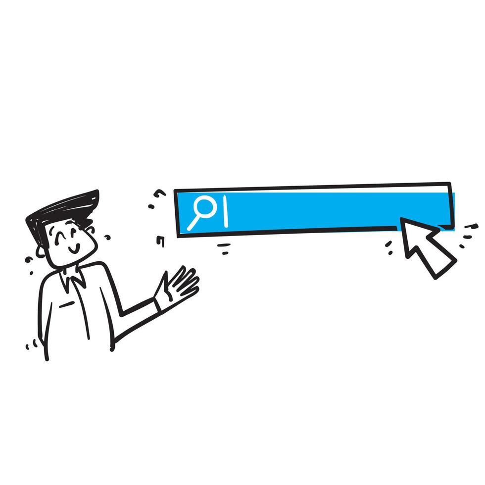 uomo di doodle disegnato a mano che mostra il vettore di illustrazione del sito Web della barra di ricerca
