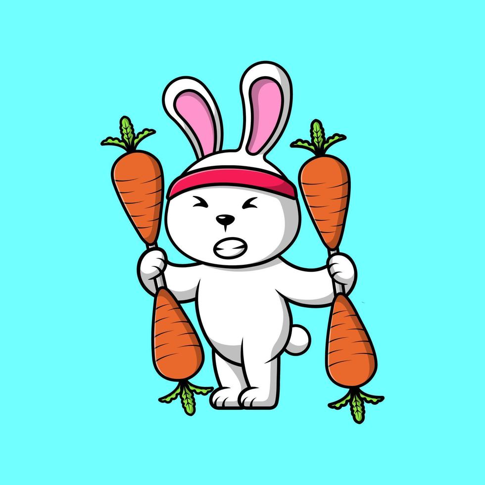 carino coniglio sollevamento carota manubrio cartone animato vettore icone illustrazione. piatto cartone animato concetto.