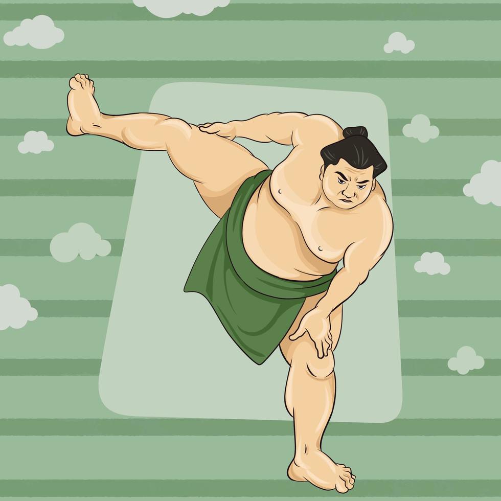 lottatore di sumo in piedi in una posizione aggressiva con una gamba alzata. grande alto enorme uomo arrabbiato. sport giapponese. vettore
