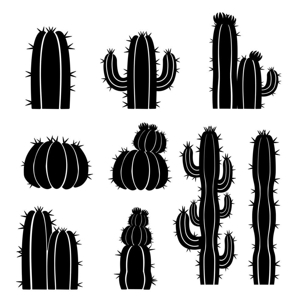 un insieme di piante di cactus sagome vettoriali isolate su uno sfondo bianco.