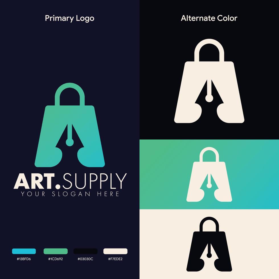 design semplice e minimalista del logo della borsa della spesa con penna vettore