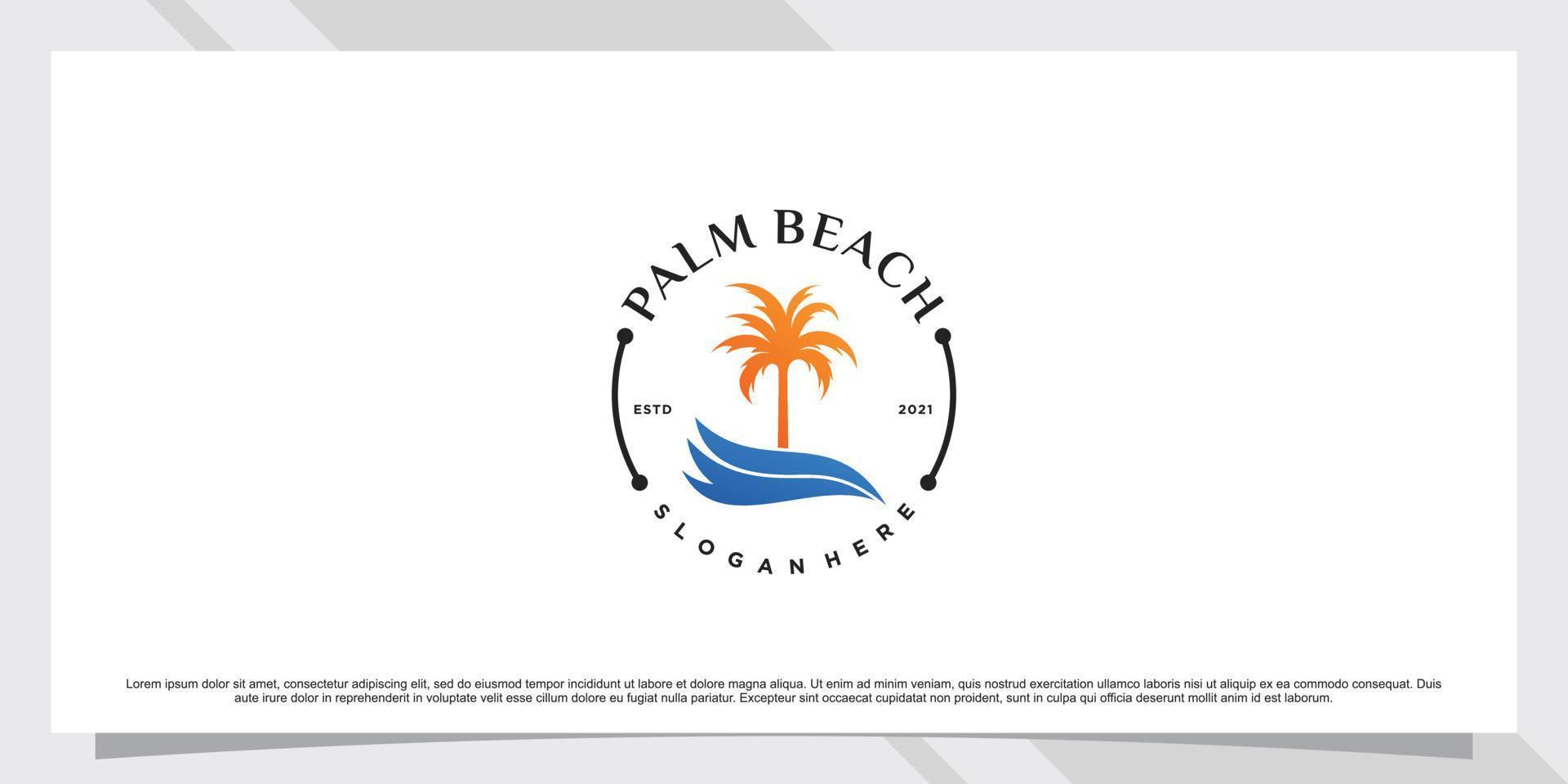 ispirazione per il design del logo della palma e della spiaggia con il vettore premium del sole e dell'elemento creativo