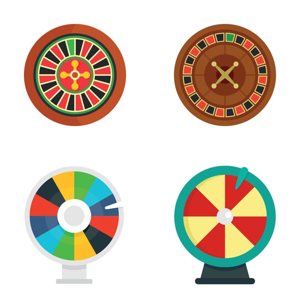 Set di icone della fortuna della ruota della roulette, stile piatto vettore