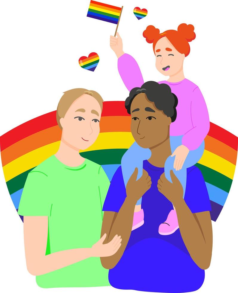 famiglia gay sullo sfondo della bandiera lgbt. illustrazione vettoriale piatta