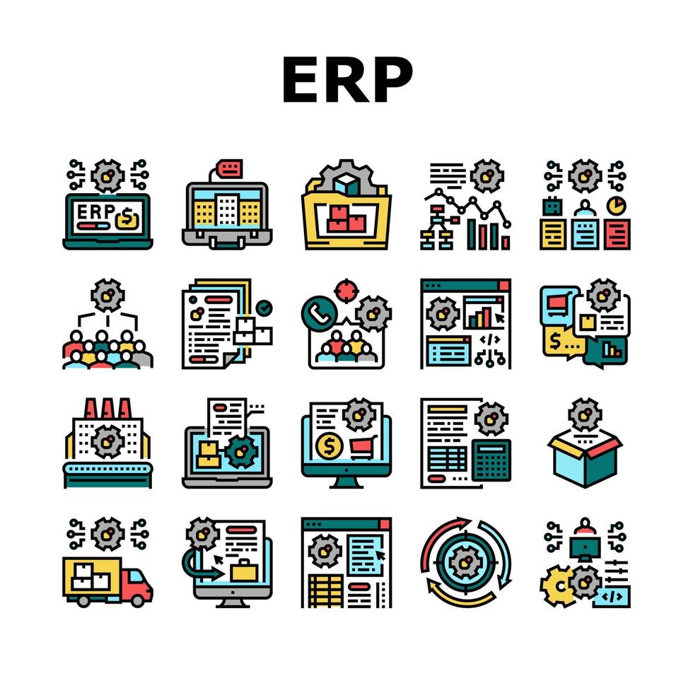 le icone di pianificazione delle risorse aziendali erp impostano il vettore