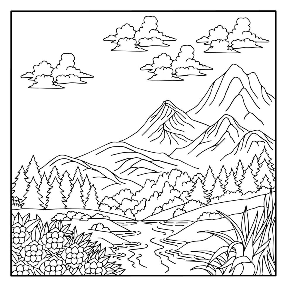 disegno vettoriale da colorare per bambini paesaggio di montagna