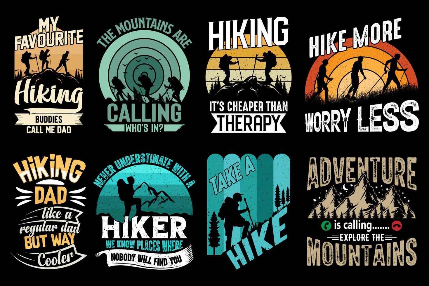 Pacchetto di design per t-shirt da trekking, t-shirt vintage, avventura, elemento grafico vettoriale, design tipografico per escursionisti, vettore