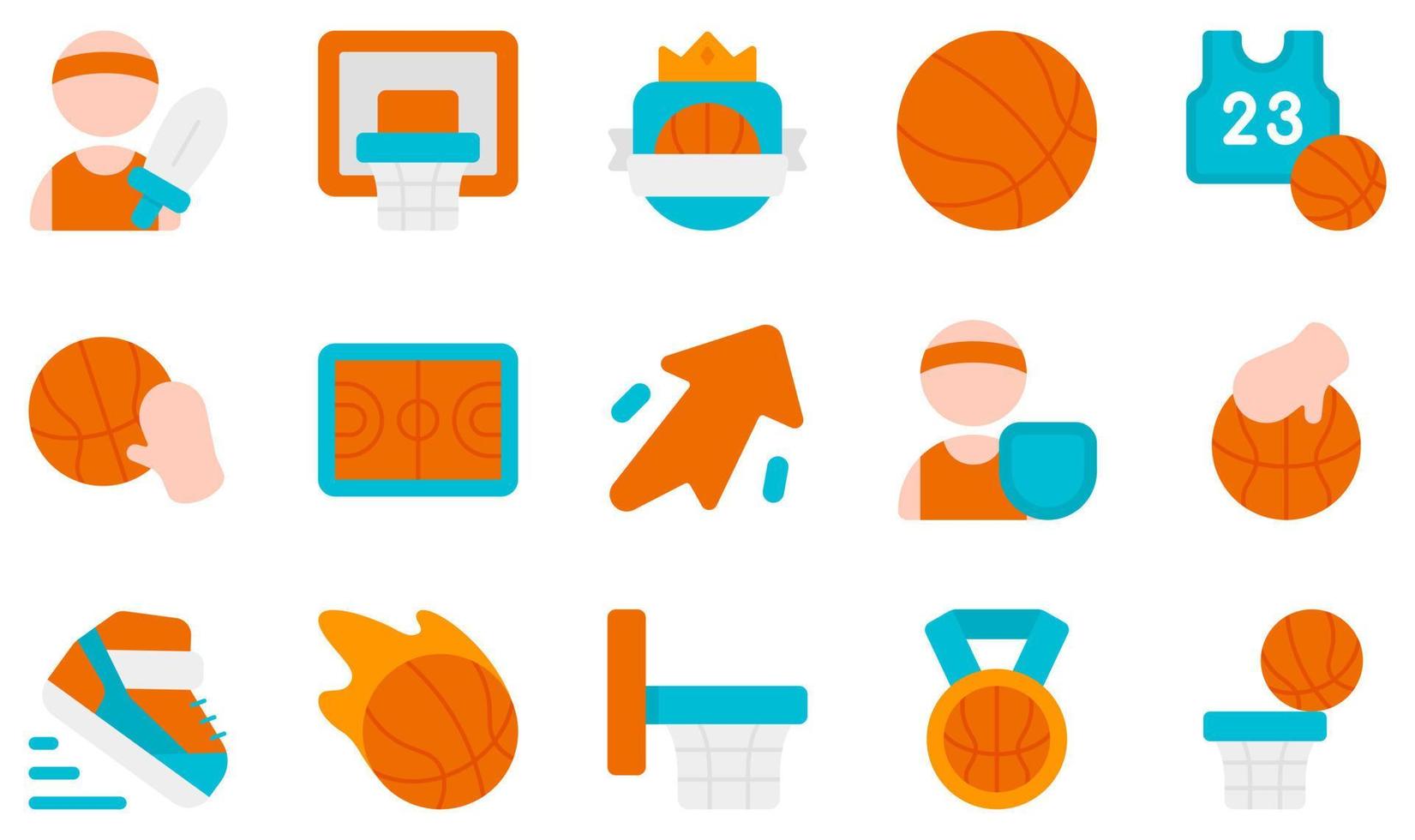 set di icone vettoriali relative al basket. contiene icone come attacco, tabellone, badge, palla, basket, blocco e altro ancora.