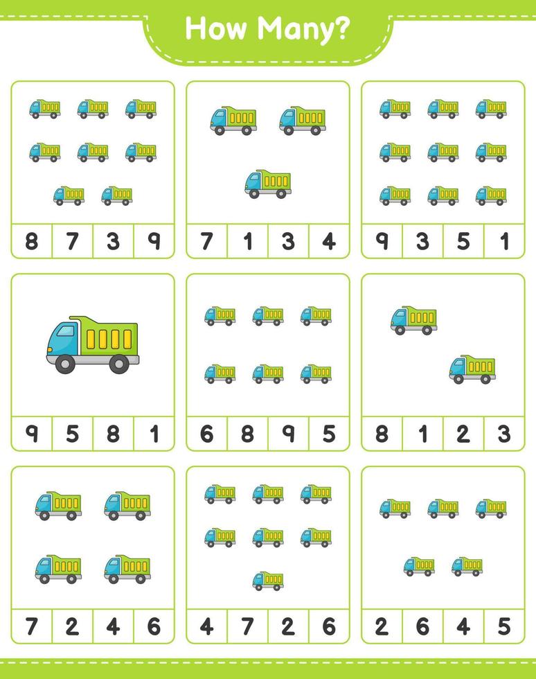 gioco di conteggio, quanti camion. gioco educativo per bambini, foglio di lavoro stampabile, illustrazione vettoriale