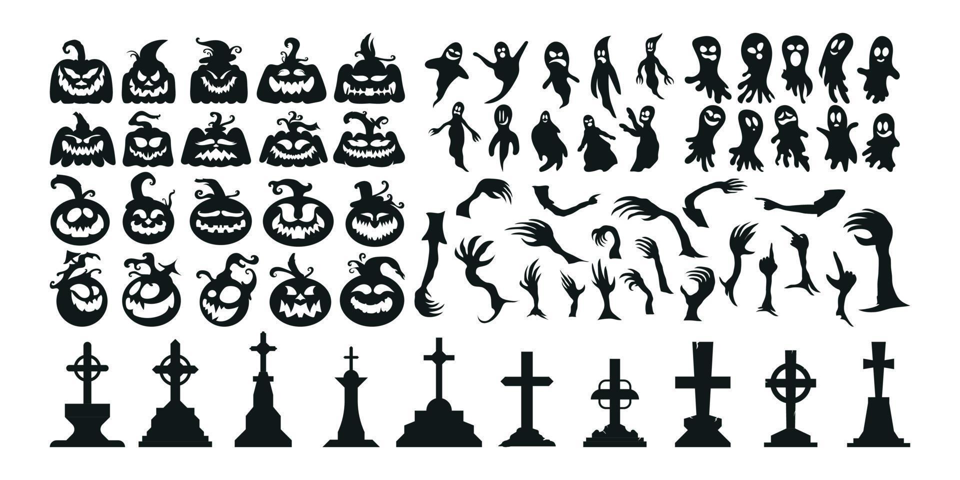 set di icone e caratteri della siluetta di halloween. illustrazione vettoriale di halloween isolata su sfondo bianco