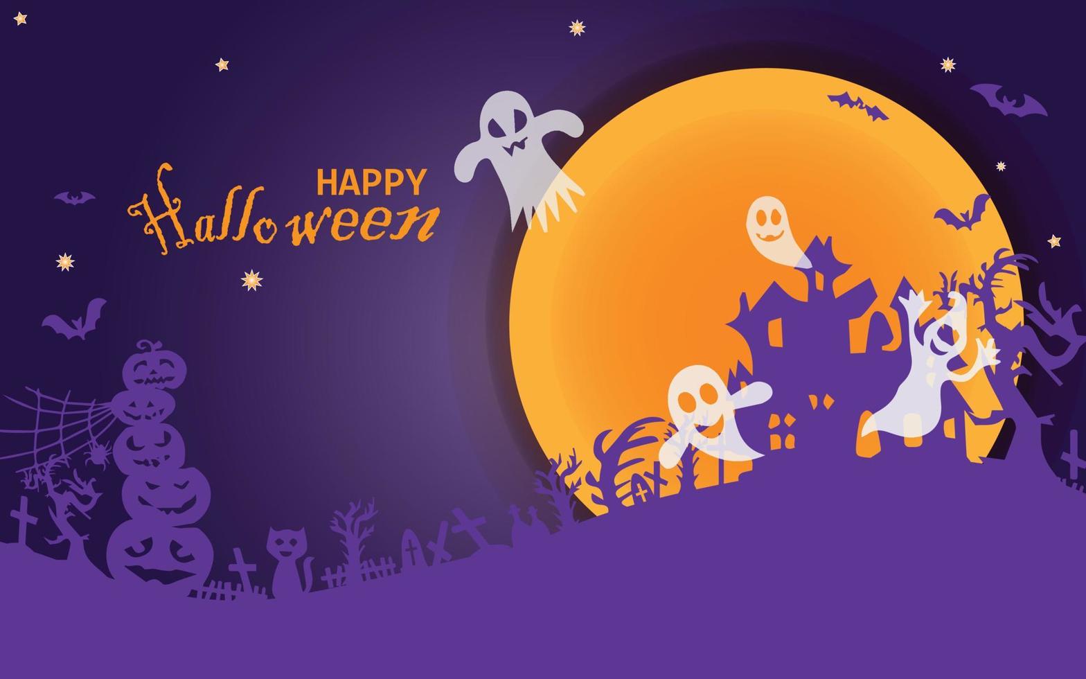banner di vendita di halloween orizzontale. banner promozionale per le vacanze con fantasma volante, fantasma, ragno nero e pipistrello, zucca spaventosa, zigzag e coriandoli su sfondo arancione, illustrazione vettoriale. vettore