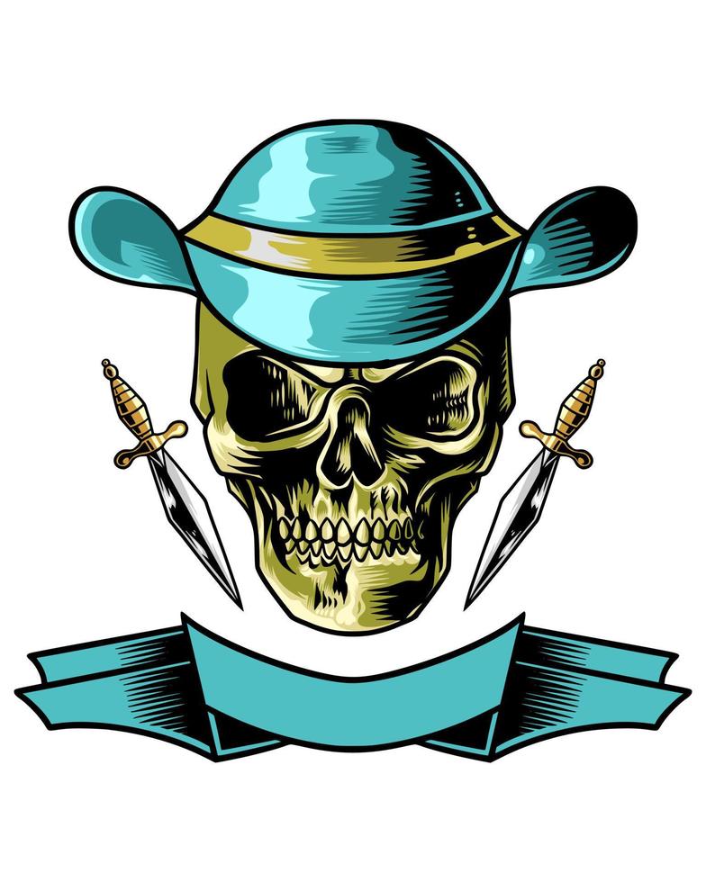 cranio illustrazione logo con cowboy cappello e coltello accanto vettore