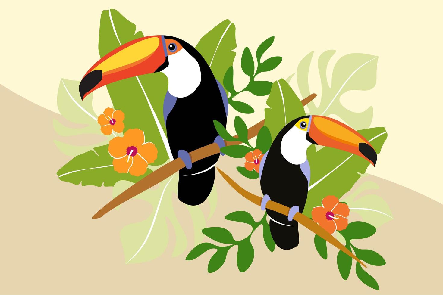 Tucano coppia sul ramo con foglie di palma vettore