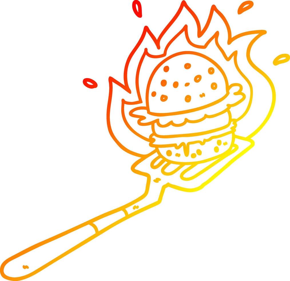 caldo pendenza linea disegno cartone animato fiammeggiante hamburger su spatola vettore