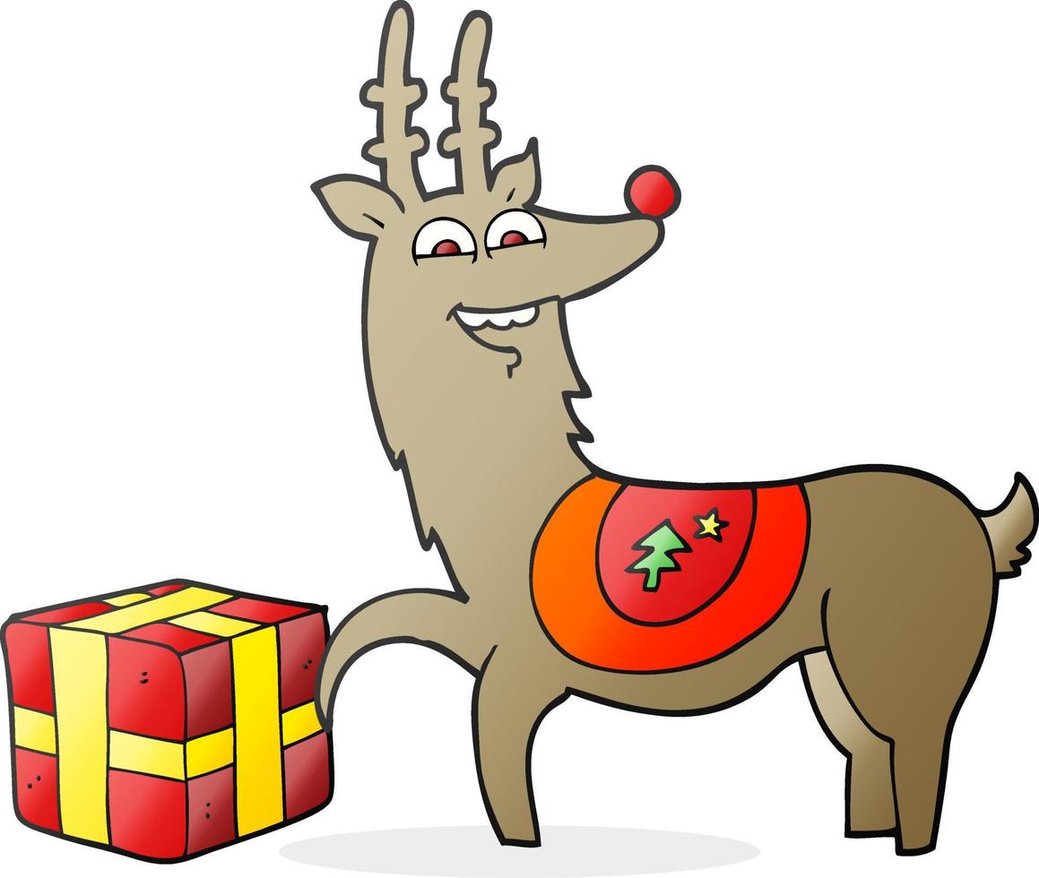a mano libera disegnato cartone animato Natale renna con presente vettore