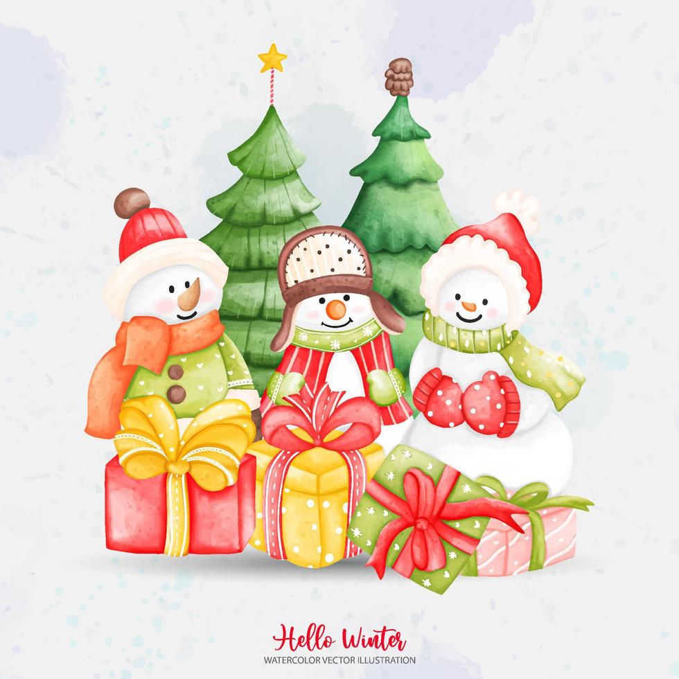 acquerello tre pupazzo di neve con Natale albero. vettore illustrazioni elemento