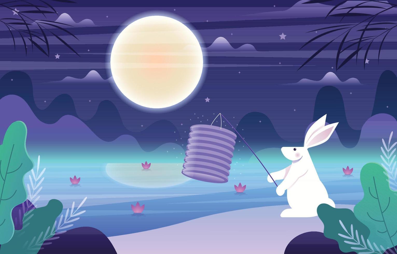 medio autunno con coniglio, lanterna, e Luna concetto vettore