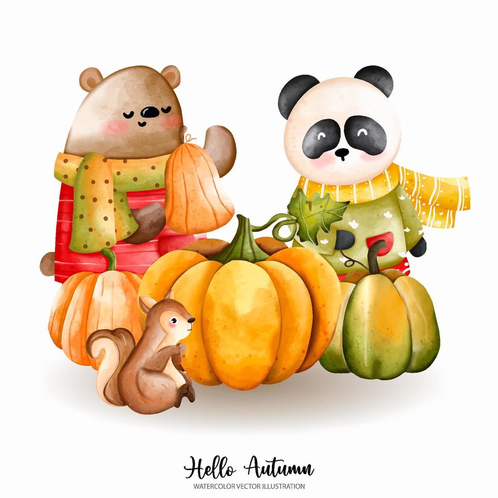 carino Natale acquerello orso, panda, orsacchiotto, autunno o autunno animale, acquerello illustrazione vettore