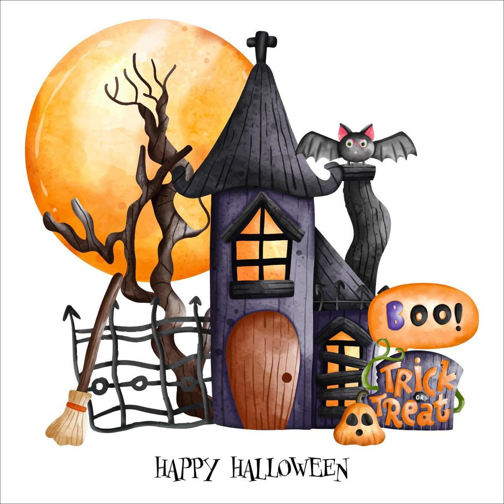 Halloween frequentato Casa con un' pieno Luna. contento Halloween, Halloween elemento. Halloween decorazione vettore