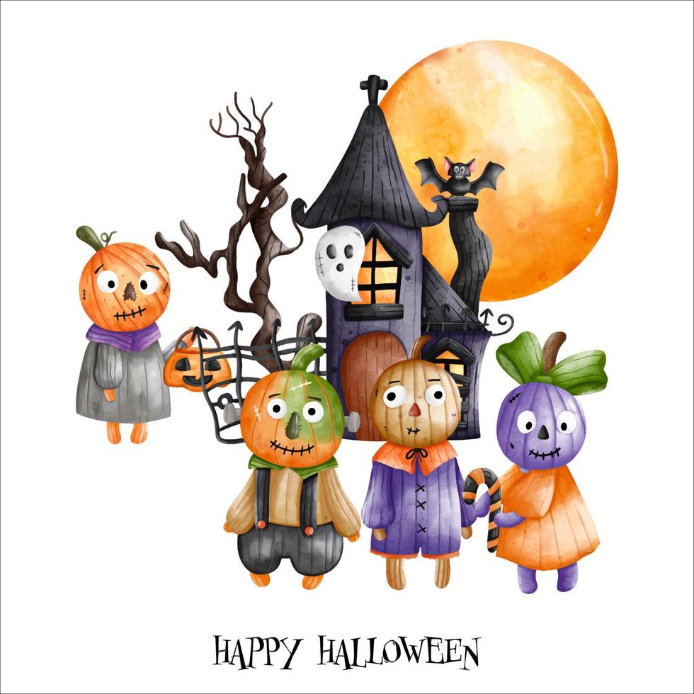 Halloween frequentato Casa con zucca bambini e pieno Luna. Halloween elemento. Halloween decorazione vettore