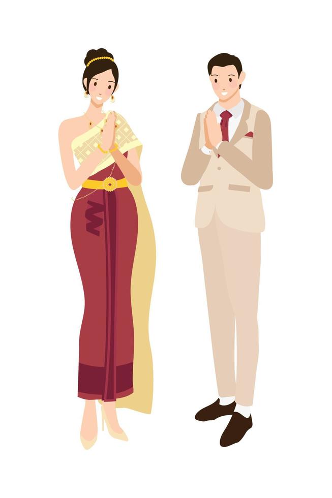 tailandese nozze coppia saluto nel tradizionale leggero creme cachi completo da uomo e rosso d'oro vestito vettore