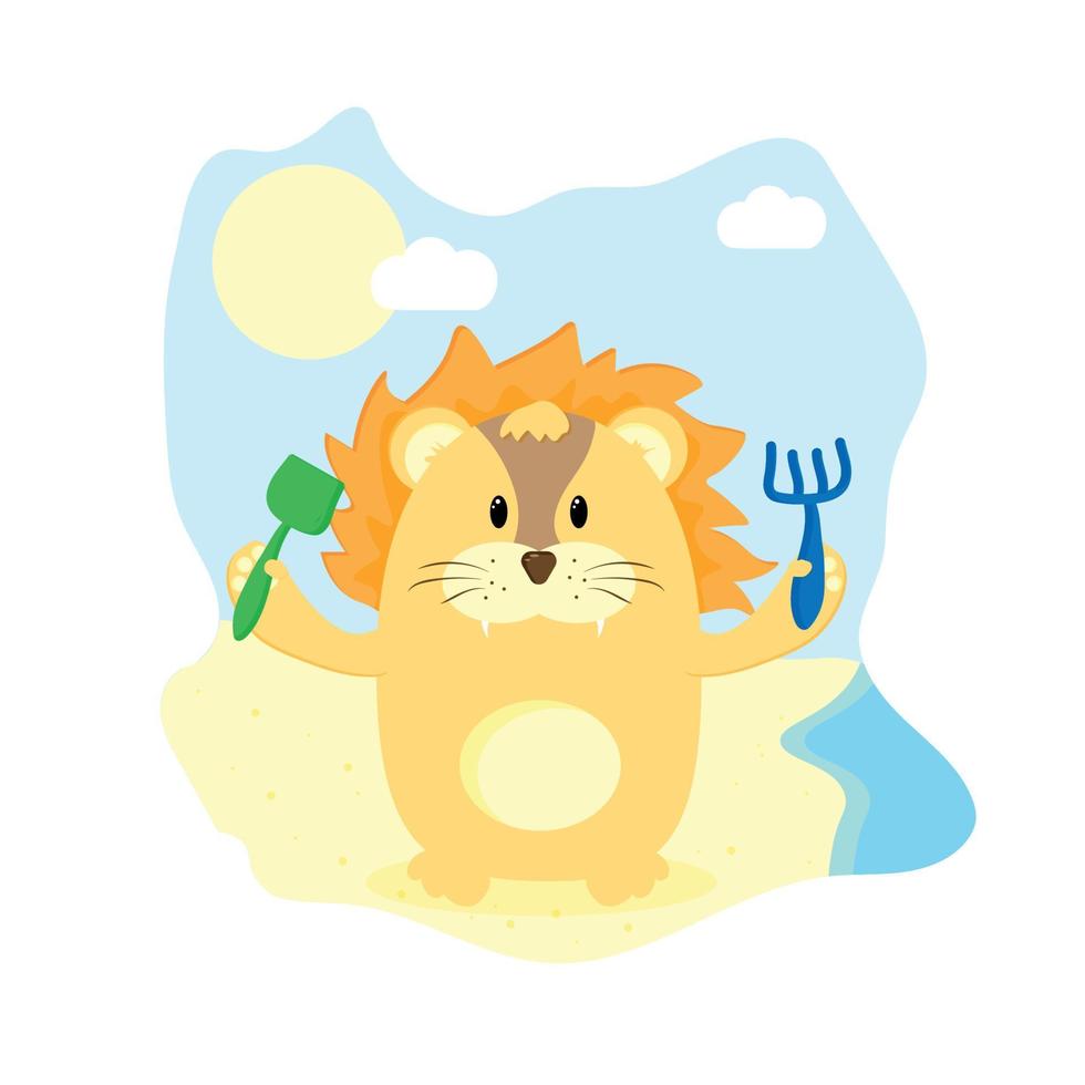 divertente animali il Leone con un' pala e un' rastrello su il spiaggia illustrazioni per bambini cartolina Stampa vettore