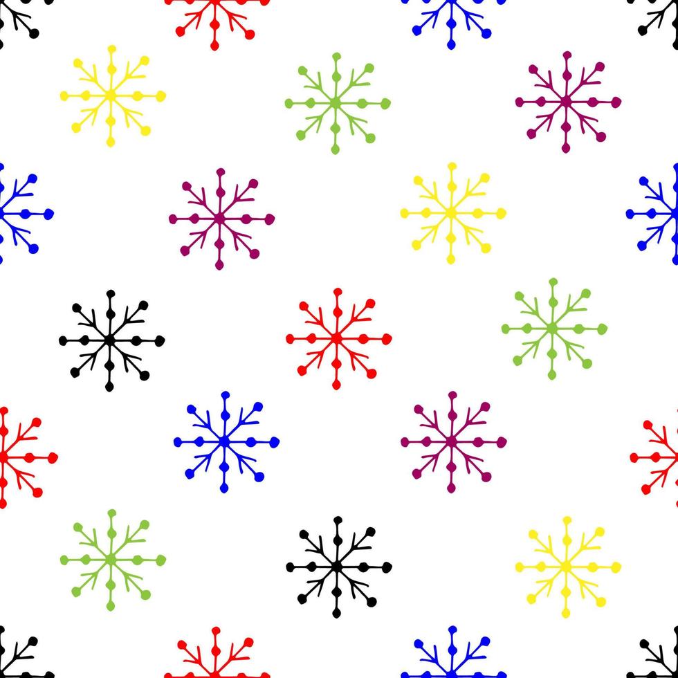 semplice vettore multicolore senza soluzione di continuità modello per nuovo anni design. Nero, blu, rosso, verde, giallo fiocco di neve schema su bianca sfondo. Natale confezione, tessile prodotti.