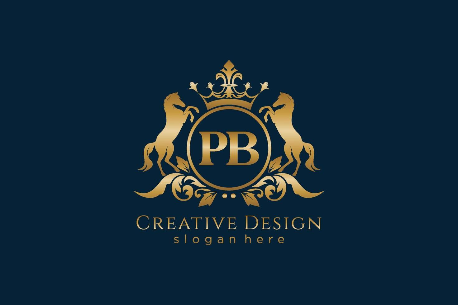 iniziale pb retrò d'oro cresta con cerchio e Due cavalli, distintivo modello con pergamene e reale corona - Perfetto per lussuoso il branding progetti vettore