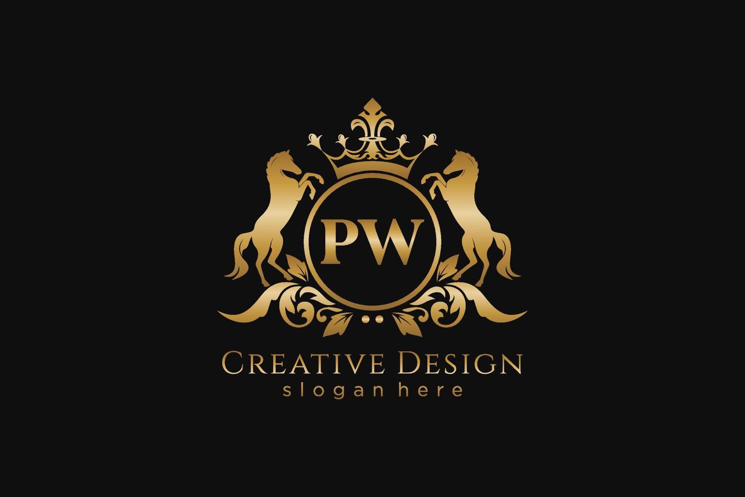 iniziale pw retrò d'oro cresta con cerchio e Due cavalli, distintivo modello con pergamene e reale corona - Perfetto per lussuoso il branding progetti vettore