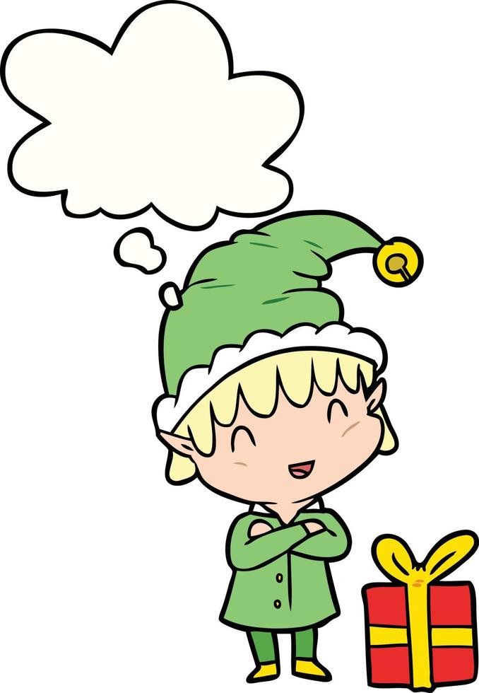 cartone animato felice natale elfo e bolla di pensiero vettore