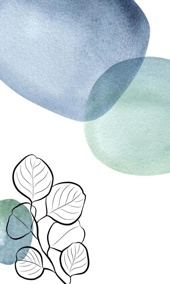 acquerello manifesto pittura forme blu aquarelle inchiostro, astratto illustrazioni con le foglie. minimalista geometrico elementi e mano disegnato ramo. parete arte. manifesto. vettore