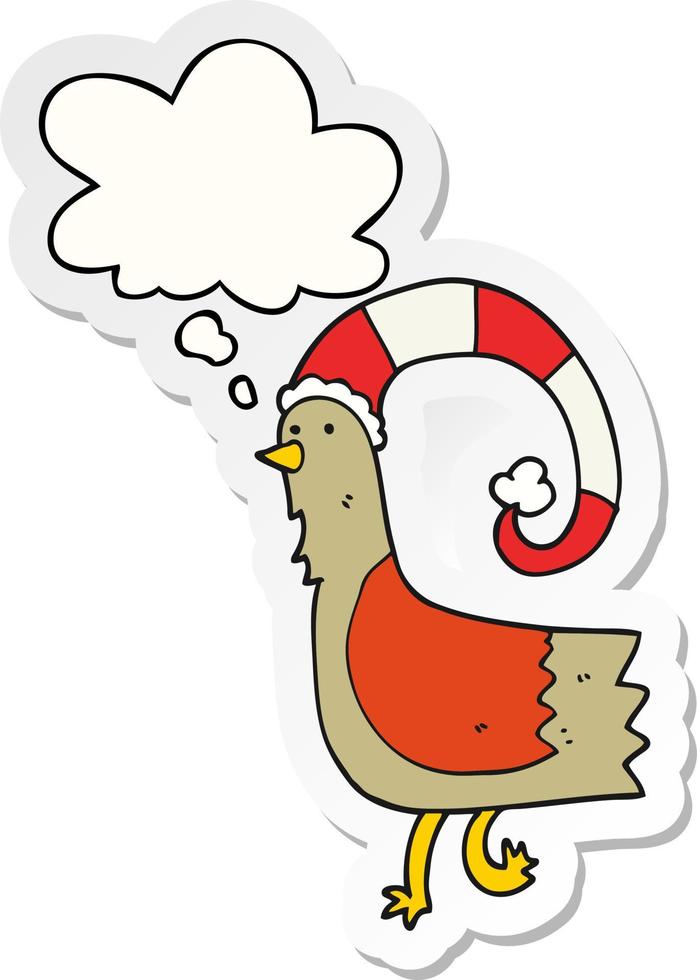 cartone animato pollo nel divertente Natale cappello e pensato bolla come un' stampato etichetta vettore