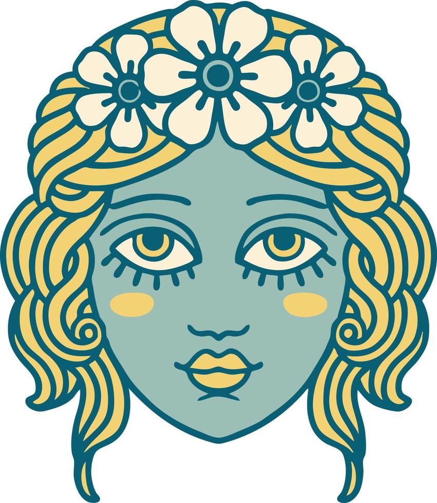 iconico tatuaggio stile Immagine di femmina viso con corona di fiori vettore