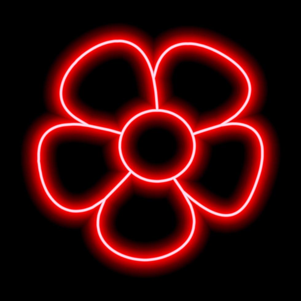 neon rosso fiore con petali su un' nero sfondo. semplice illustrazione vettore