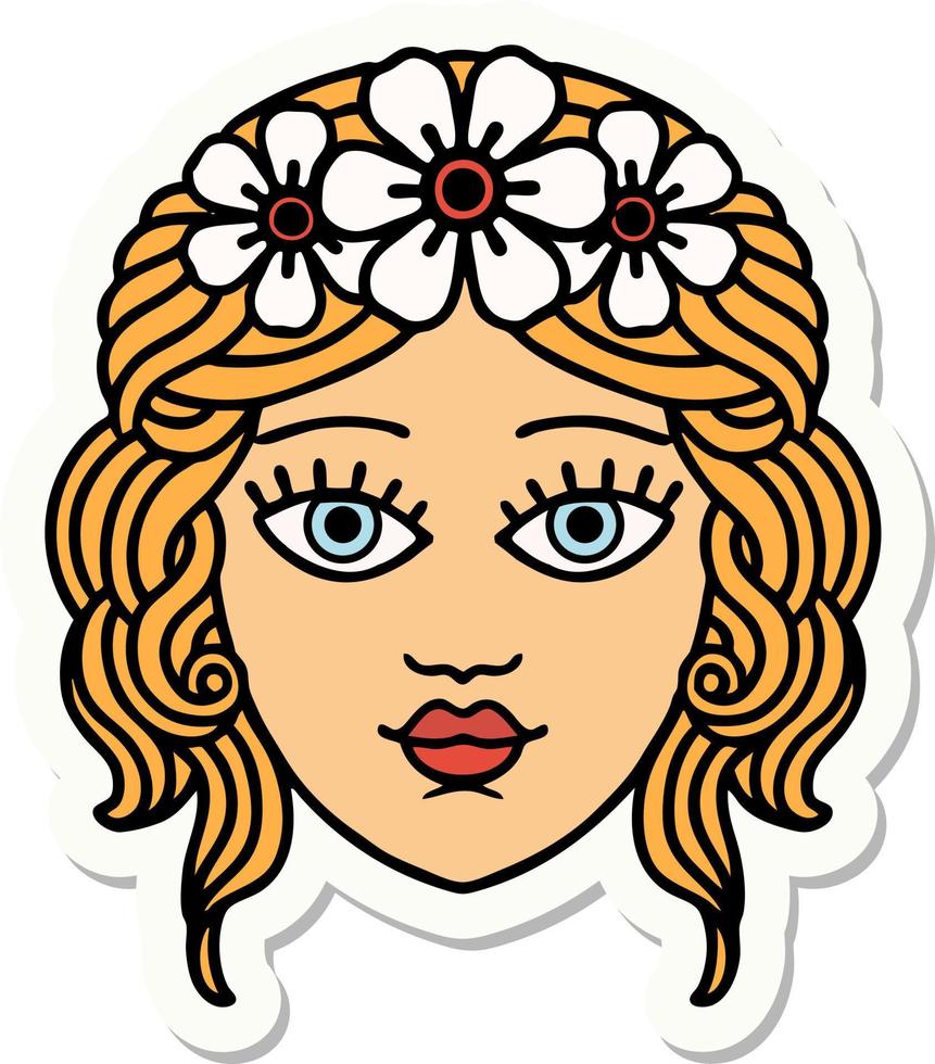 etichetta di tatuaggio nel tradizionale stile di femmina viso con corona di fiori vettore