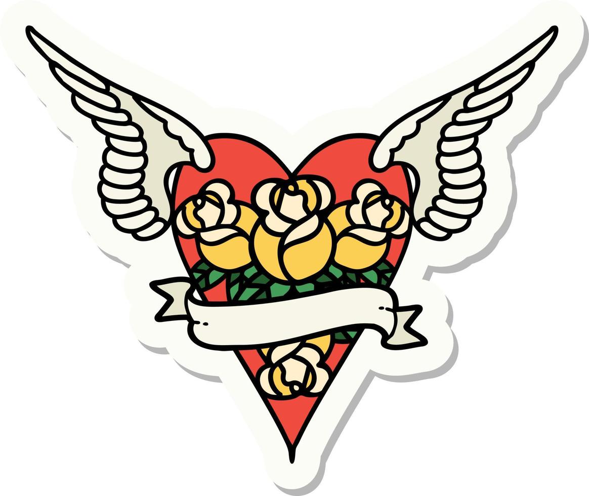 etichetta di tatuaggio nel tradizionale stile di un' volante cuore con fiori e bandiera vettore
