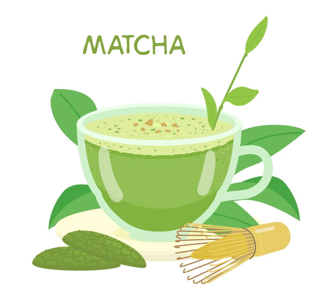 matcha nel bicchiere tazza vettore illustrazione. biscotti con matcha, frusta, tè le foglie.